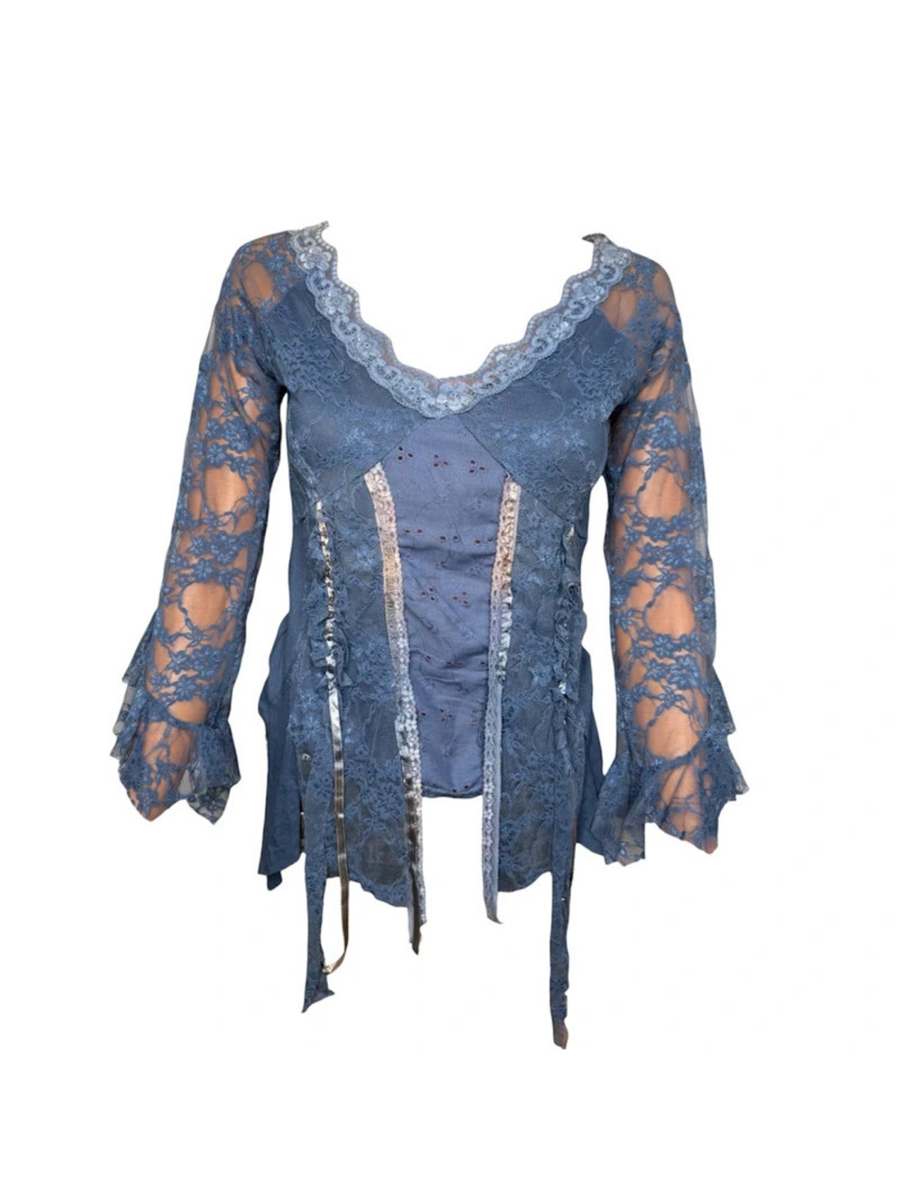 Vintage Esperance Paris Y2K Whimsigoth Fairycore Lace Top Blue Grey Bell Sleeve